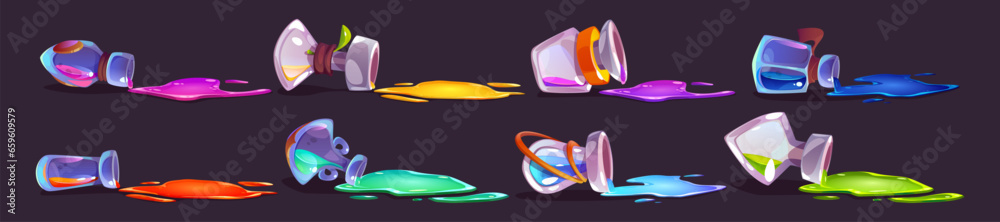 Glass bottles with magic elixir spills set isolated on background. Vector cartoon illustration of dropped open lab flasks lying, color substance pouring on floor, liquid puddle, poison antidote - obrazy, fototapety, plakaty 