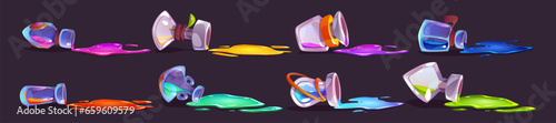 Glass bottles with magic elixir spills set isolated on background. Vector cartoon illustration of dropped open lab flasks lying, color substance pouring on floor, liquid puddle, poison antidote