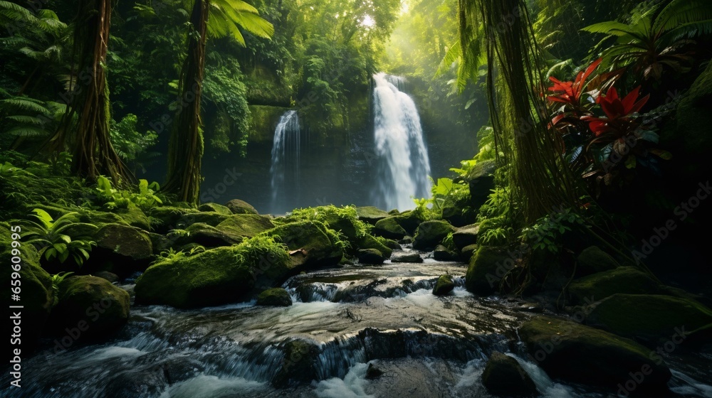 a waterfall in a forest a waterfall in a forest
