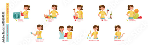 Young Woman Character Showing Measures Preventing Diabetes Vector Illustration Set