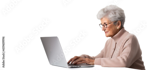 Senior person with laptop. Elderly woman typing on a laptop on a light transparent background. PNG file. Generative artificial intelligence