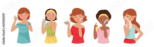 Young Girl Enjoy Face Care and Beauty Skin Treatment Vector Set