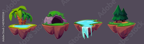 Floating game island and fantasy land cartoon vector platform. Magic ui 2d flying illustration with palm and pine tree, rock cave, lake and waterfall scene set. Interface environment for location