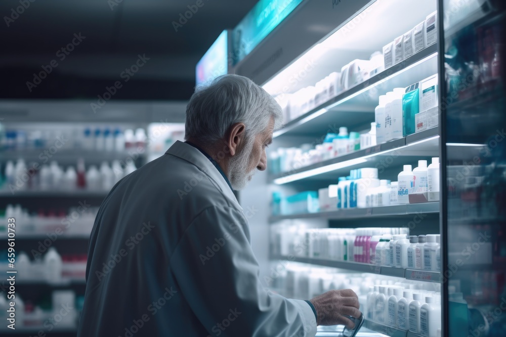 A man is seen browsing the shelves in a pharmacy store, carefully examining different types of medicine. This image can be used to illustrate concepts related to healthcare, medicine shopping, or self - obrazy, fototapety, plakaty 