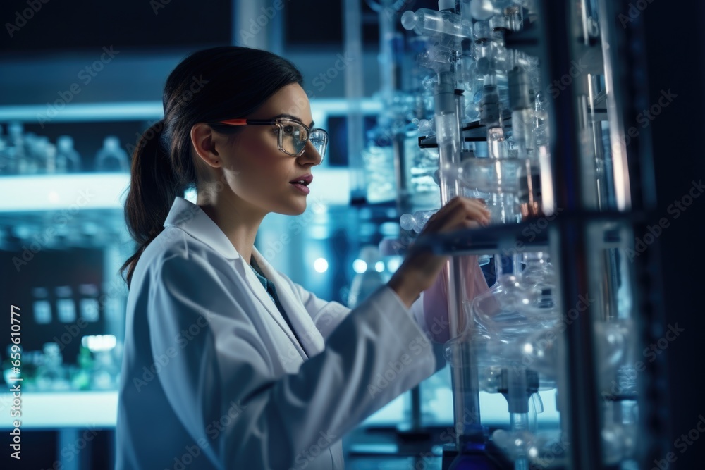 A woman in a lab coat is examining the contents of a glass case. This image can be used to depict scientific research, laboratory work, or analysis. A woman in a lab coat is examining the contents of a glass case. This image can be used to depict scientific research, laboratory work, or analysis.