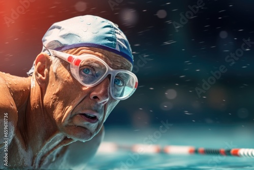 An older man wearing goggles is seen swimming in a pool. This image can be used to depict active aging, water sports, or recreational activities. © Fotograf