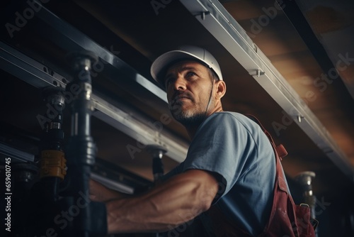 A man wearing a hard hat is diligently working on a pipe. This image can be used to showcase construction, plumbing, or infrastructure projects.