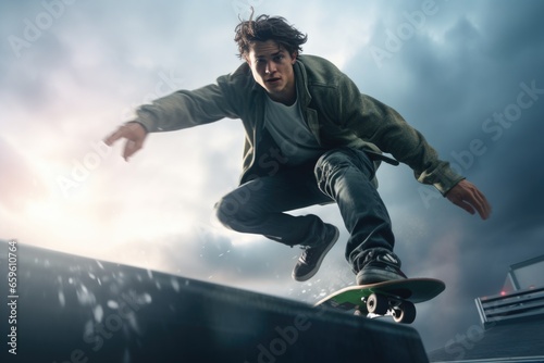A man is pictured riding a skateboard down the side of a ramp. This image can be used to depict action, sports, and extreme sports.