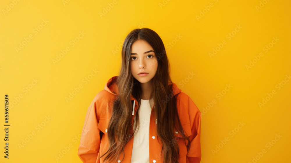 Young hispanic girl wearing a jacket with serious face thinking. Young hispanic girl wearing a jacket with serious face thinking.