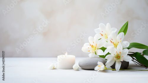 A tranquil spa still life with a white flower arrangement, two candles, and massage stones on a white background.