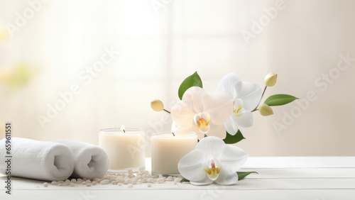 A spa sanctuary radiating tranquility with Zen floral arrangements and glowing candles