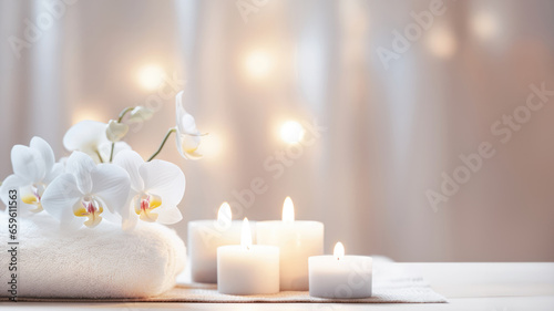 A peaceful spa retreat with a Zen-inspired floral display, illuminated candle