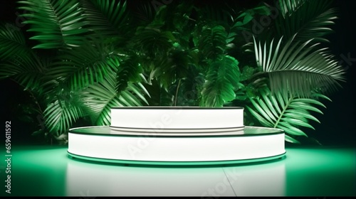 neon lightning Mockup of a springtime abstract white stage with two round podiums for presenting cosmetics, goods, and advertisements in the inside, complete with a little mosaic tile  photo