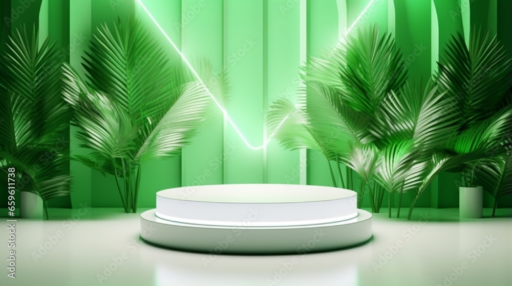 neon lightning Mockup of a springtime abstract white stage with two round podiums for presenting cosmetics, goods, and advertisements in the inside, complete with a little mosaic tile neon lightning Mockup of a springtime abstract white stage with two round podiums for presenting cosmetics, goods, and advertisements in the inside, complete with a little mosaic tile