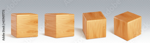 3D wooden cubes set isolated on transparent background. Vector realistic illustration of cubic blocks made of natural wood with oak texture, child toy mockup for learning and education, building brick