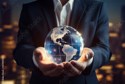 the businessman holding the globe in both hands symbolizes the concept of complete and absolute business control