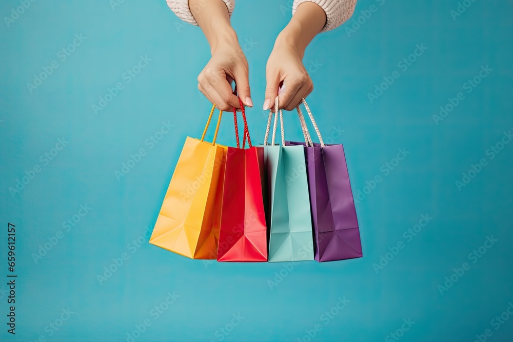 A happy female shopper holding colorful shopping bags with a sense of elegance and luxury.
