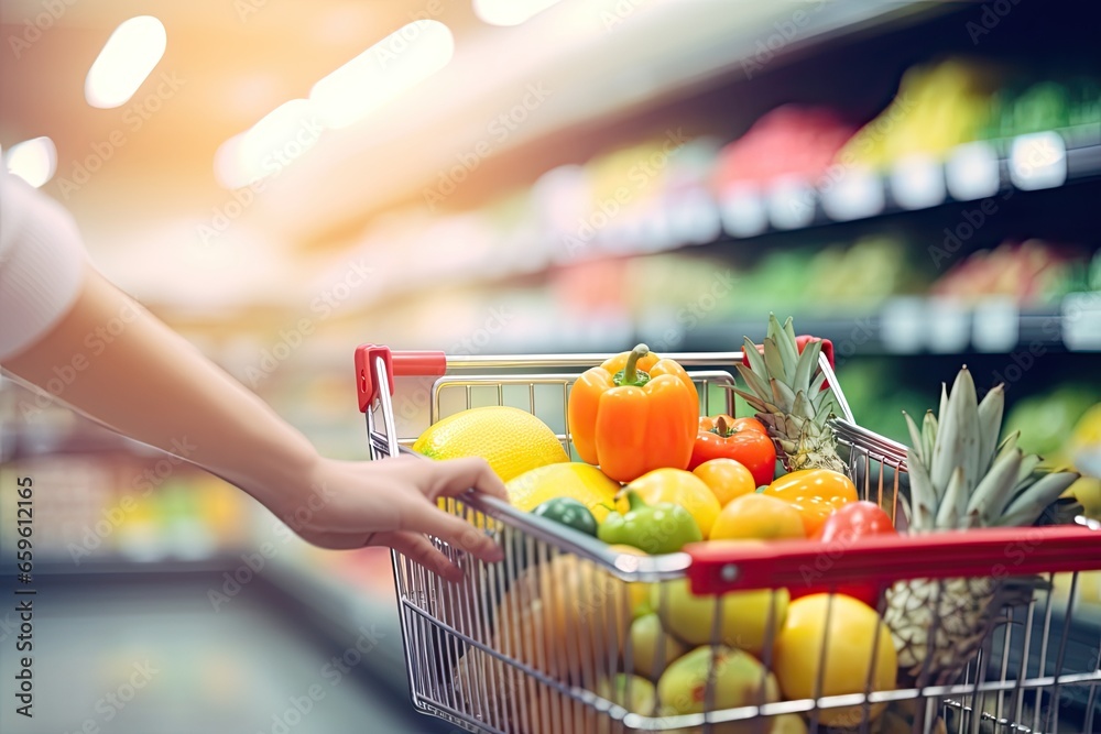 A young woman with a shopping cart in a supermarket, selecting a variety of healthy products and groceries.