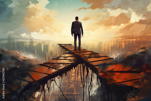 A businessman walking on the crisis way to a city engulfed in smoke from fires, symbolizing the concept of business crisis and the search for solutions