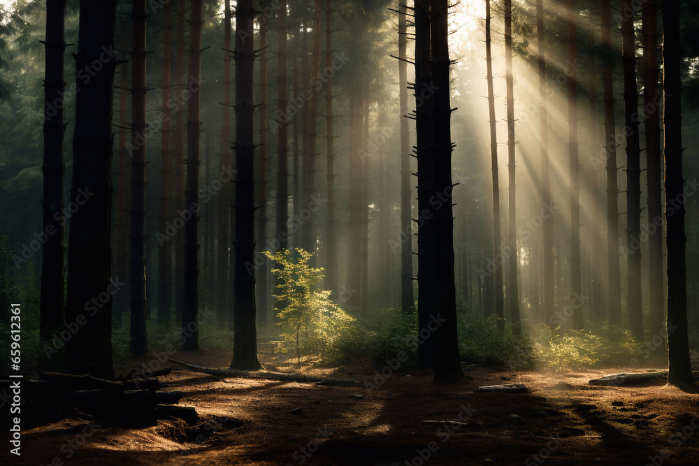 Fototapeta premium Dark forest landscape with light beams filtering through trees