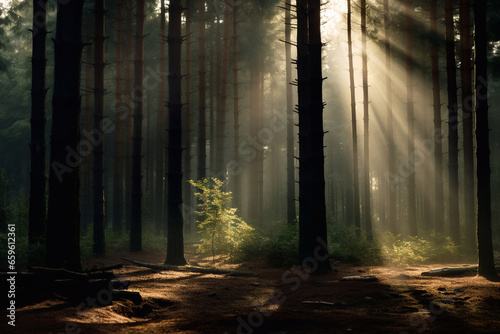Dark forest landscape with light beams filtering through trees
