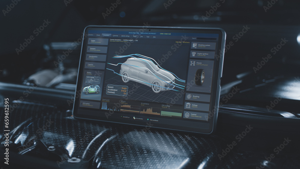 Tablet computer screen shows 3D animation of professional program for real-time car diagnostics and aerodynamics testing using 3D virtual electric vehicle model. Concept of car developing technology. Tablet computer screen shows 3D animation of professional program for real-time car diagnostics and aerodynamics testing using 3D virtual electric vehicle model. Concept of car developing technology.
