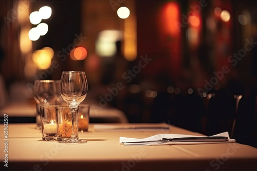 Table in an Italian restaurant with glasses, candles and cutlery, warm light, inviting atmosphere photo
