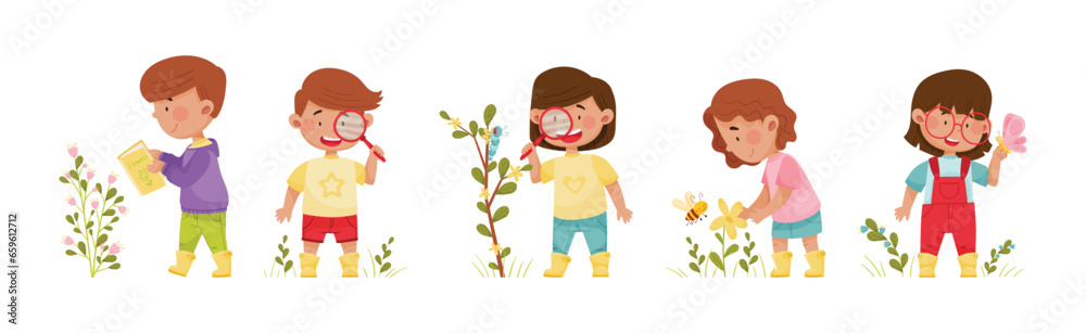 Cute Kids Exploring Nature with Flora and Fauna Vector Set