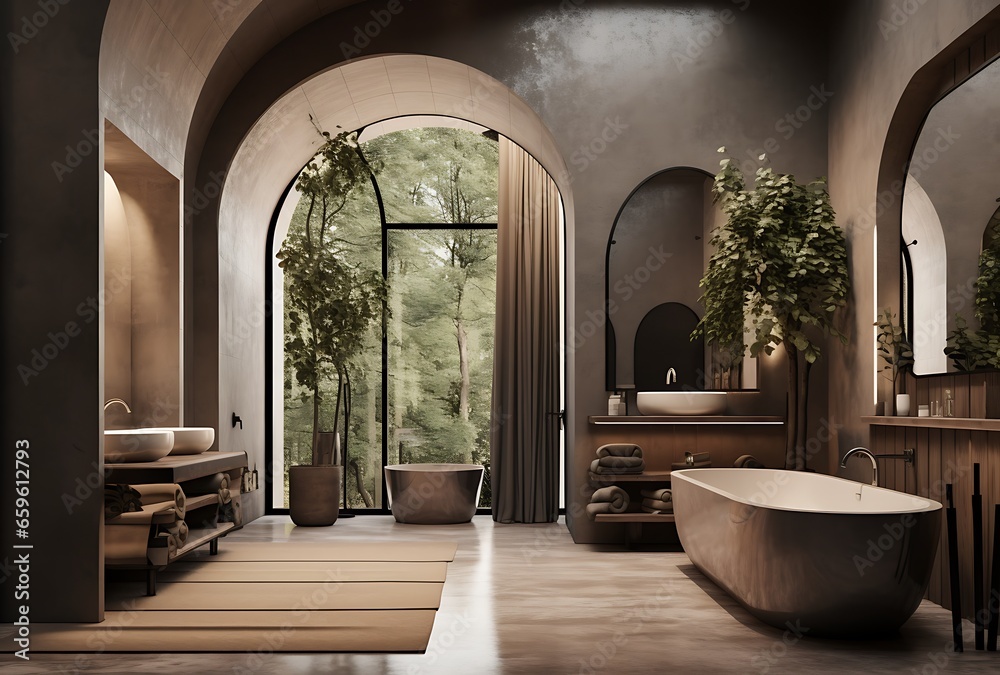 Fototapeta premium Interior of modern bathroom with wooden walls, concrete floor, comfortable bathtub and big window. 3d rendering