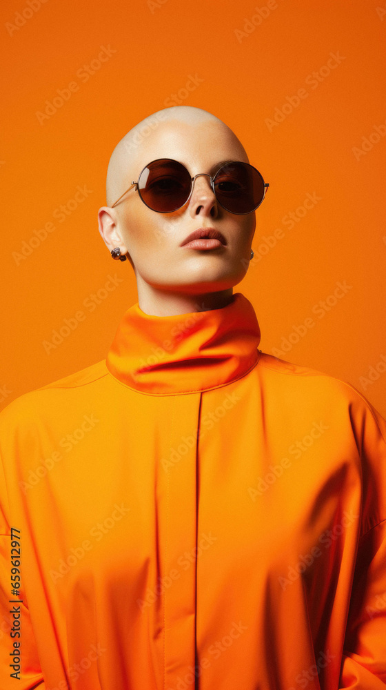 Portrait of attractive bald woman in sunglasses jacket on orange background. Portrait of attractive bald woman in sunglasses jacket on orange background.