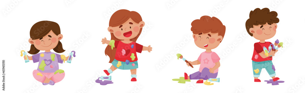 Little Children Smeared in Paints Holding Artist Brush Vector Set Little Children Smeared in Paints Holding Artist Brush Vector Set