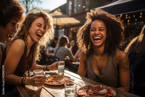 Group of young women eating pizza in a restaurant. Friends having fun together. ia generated photo