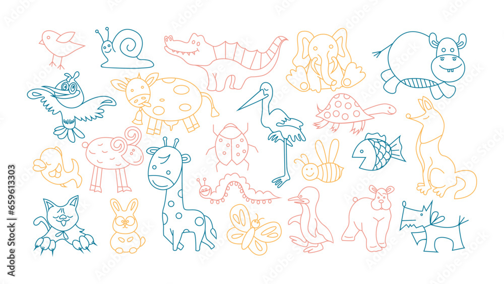 Set of funny animals. Doodle. Set of funny animals. Doodle.