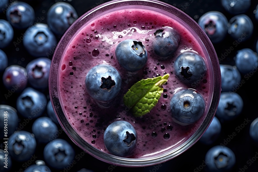 Blueberry smoothie with fresh Blueberries. Flatlay, top view composition. Generative Ai Blueberry smoothie with fresh Blueberries. Flatlay, top view composition. Generative Ai