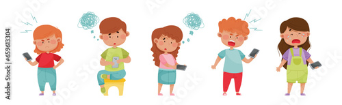Angry and Frustrated Kids with Mobile Phones Vector Set