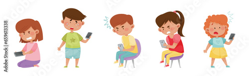 Angry and Frustrated Kids with Mobile Phones Vector Set