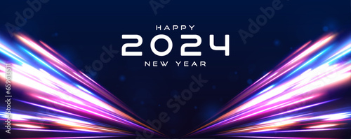 Panoramic high speed technology concept Happy new year 2024 background neon. Holiday greeting card design. Abstract image of speed motion on the road. 