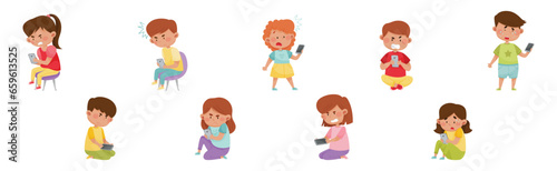 Angry and Frustrated Kids with Mobile Phones Vector Set