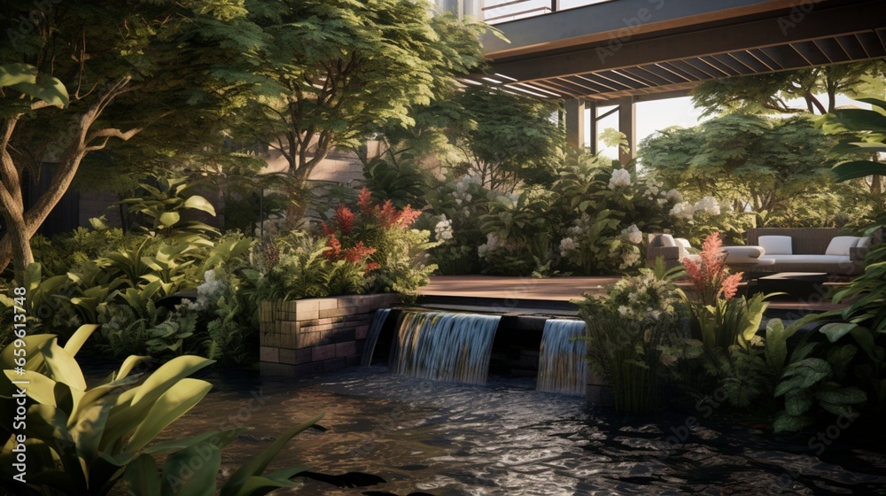 Hear the soothing sounds of a cascading waterfall in a rooftop garden with carefully curated plants.