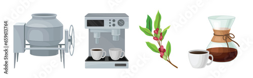 Coffee Industrial Production Process with Equipment and Ripe Crop Vector Set