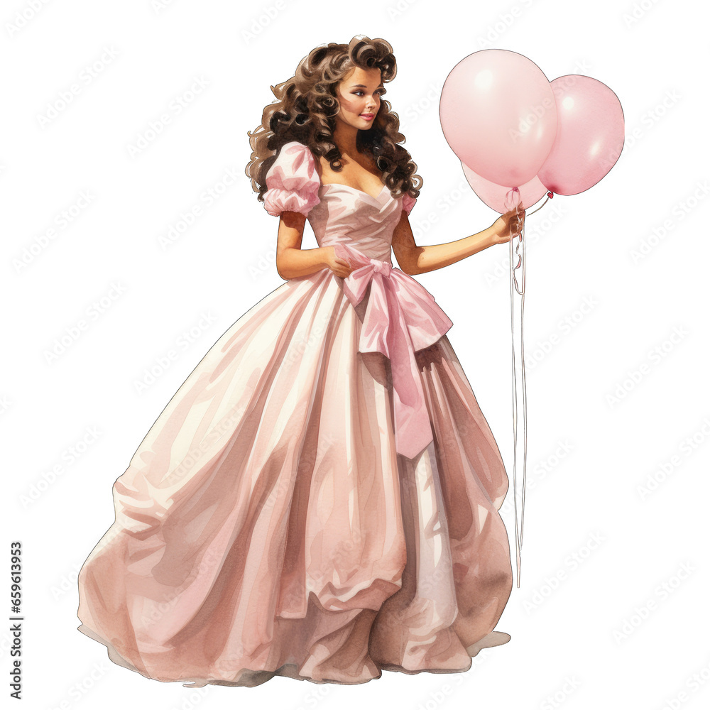 1980s style prom queen wearing a pink 80s retro vintage dress, isolated transparent background 1980s style prom queen wearing a pink 80s retro vintage dress, isolated transparent background