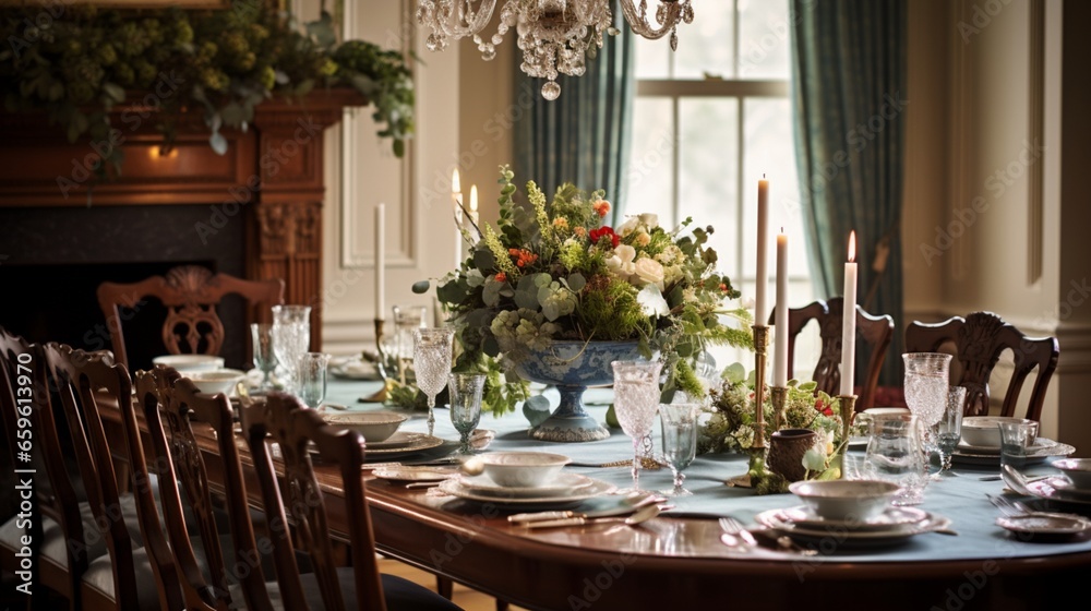 Host a formal dinner in a dining room with a classic table setting and elegant chairs. It's not just a meal; it's a regal affair.