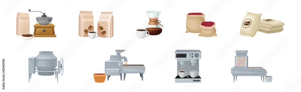 Coffee Industrial Production Process with Equipment and Ripe Crop Vector Set