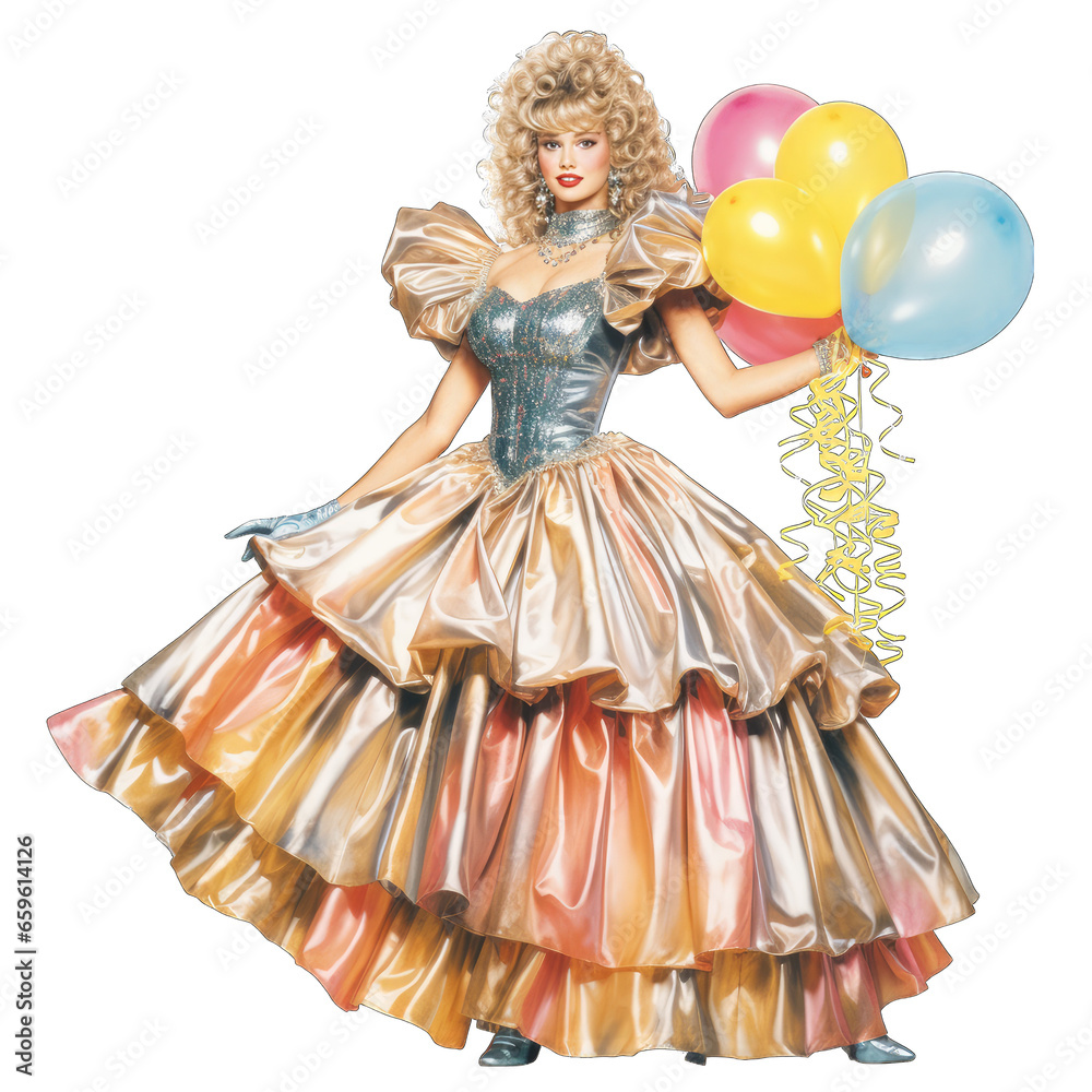 1980s prom queen wearing a typical 80s prom dress, holding balloons, isolated on white transparent PNG background 1980s prom queen wearing a typical 80s prom dress, holding balloons, isolated on white transparent PNG background