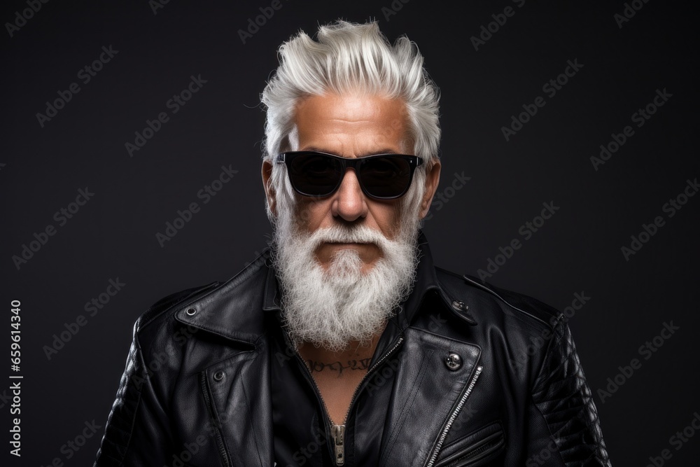 Gray-haired cool guy in black sunglasses and leather jacket. Professional studio light face portrait. 60 years old american rocker model. Caucasian macho man. Tough guy generated by AI Gray-haired cool guy in black sunglasses and leather jacket. Professional studio light face portrait. 60 years old american rocker model. Caucasian macho man. Tough guy generated by AI