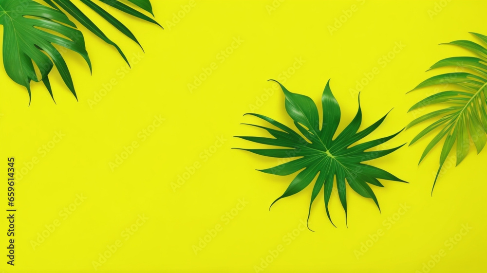 Green tropical palm leaves on a bright yellow background. Minimal summer concept Creative flat lay