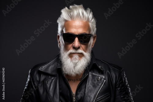 Gray-haired cool guy in black sunglasses and leather jacket. Professional studio light face portrait. 60 years old american rocker model. Caucasian macho man. Tough guy generated by AI