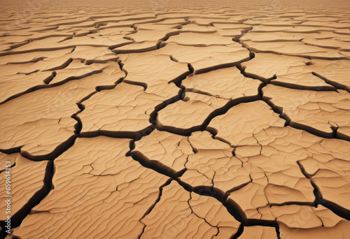 Dry cracked earth surface. Desert dry mud close-up view. Lake and river became shallow. Generated by AI