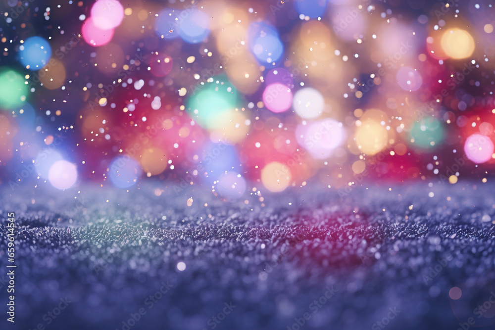 Beautiful Christmas background with bright flowers, snowflakes and bokeh effect.