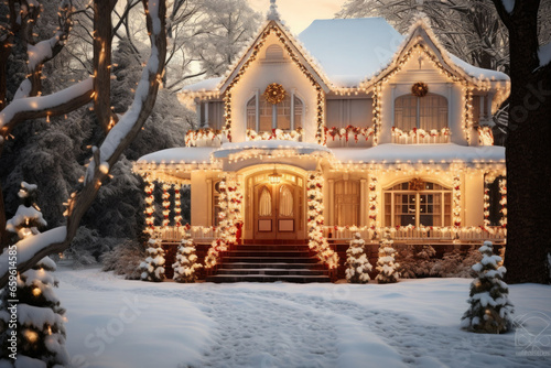 A country house decorated with a christmas light garland. Generative AI